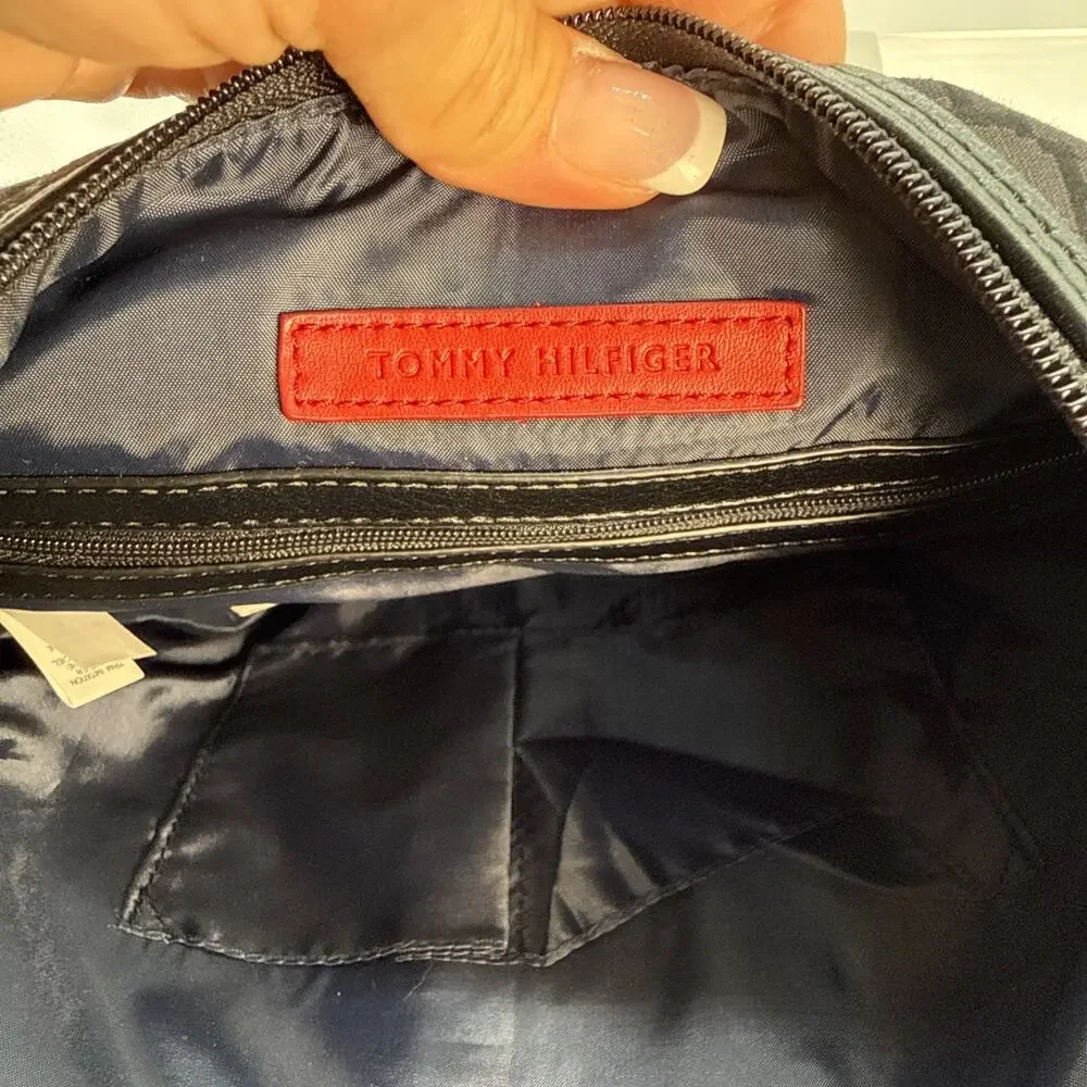 Tommy Hilfiger Black Shoulder Bag Gold Hardware Logo Stud Stripe Accent Snap Zip